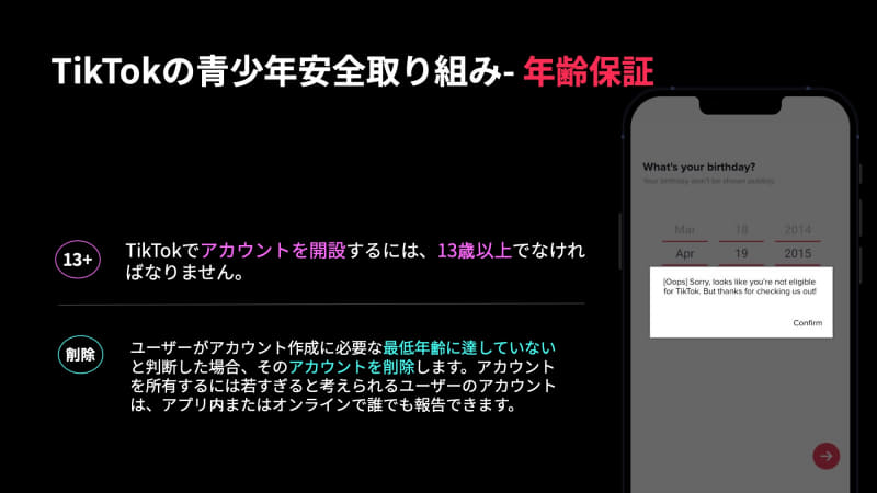 13歳未満の利用を制限している。13歳未満のユーザーが虚偽の年齢で登録し、他ユーザーからの申告や振る舞いによってアカウント停止の処置を講じています