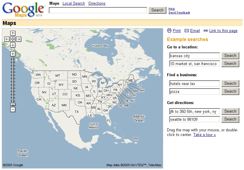 ベータ版として公開された当時の「Google マップ」の画面（<a href="https://internet.watch.impress.co.jp/cda/news/2005/02/09/6408.html" class="strong bn" target="_blank">2005年2月9日付記事</a>より）