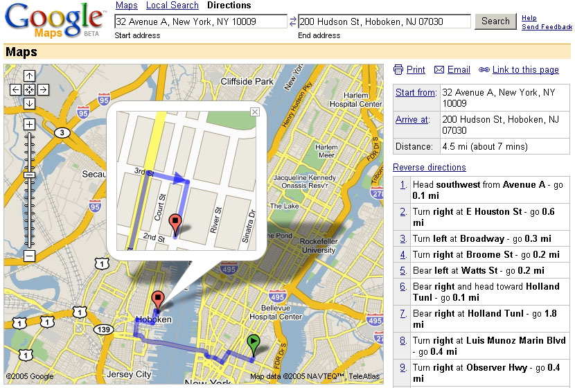 ベータ版として公開された当時の「Google マップ」の画面（<a href="https://internet.watch.impress.co.jp/cda/news/2005/02/09/6408.html" class="strong bn" target="_blank">2005年2月9日付記事</a>より）