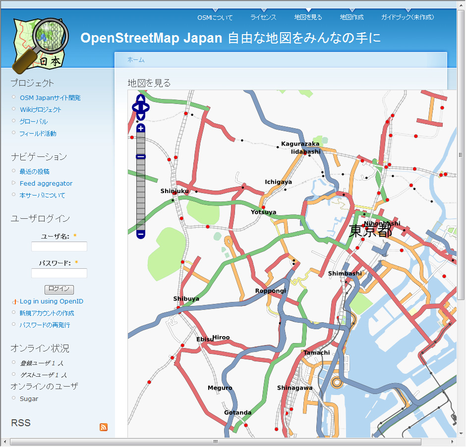 公開当時の「OpenStreetMap Japan」ウェブサイト（<a href="https://internet.watch.impress.co.jp/static/column/chizu/2008/03/27/" class="strong bn" target="_blank">2008年3月27日付記事</a>より）