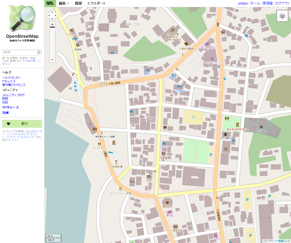 2013年当時の伊豆大島・元町周辺のOSM地図（<a href="https://internet.watch.impress.co.jp/docs/column/chizu/584691.html" class="strong bn" target="_blank">2013年1月24日付記事</a>より）