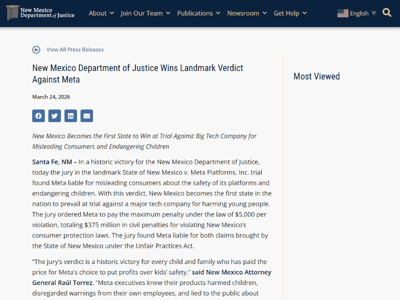 <a href="https://nmdoj.gov/press-release/new-mexico-department-of-justice-wins-landmark-verdict-against-meta/" class="strong bn" target="_blank">ニューメキシコ州司法省（NMDOJ）のプレスリリース</a>より