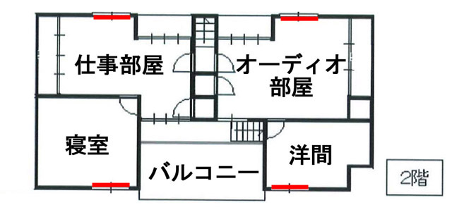 2階の間取り図。赤線の4つの窓の内側にプチプチによる空間を作った