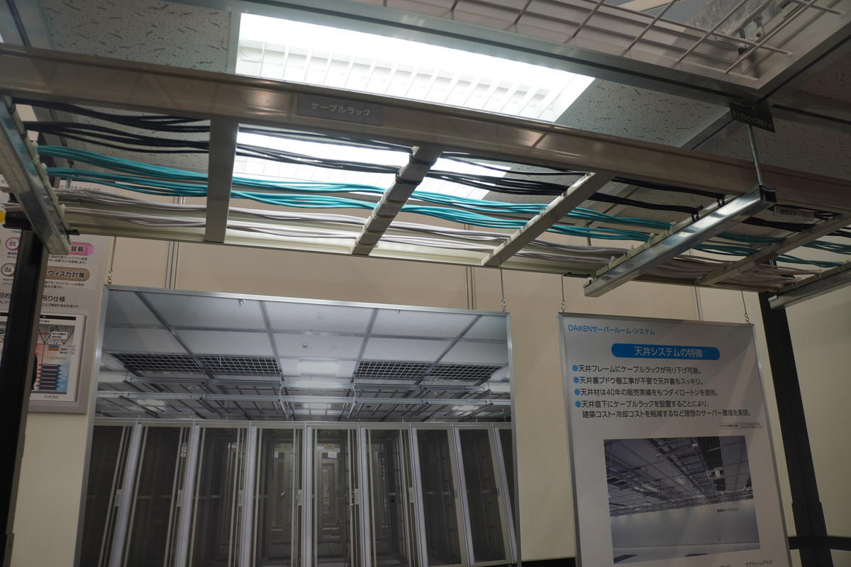 システム天井を下から見たところ。照明がある面・網になっている面が天井。その天井のフレームに直接ケーブルラックを吊る構造になっている