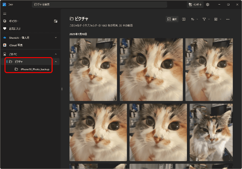 「フォト」に自動的に読み込まれて、サムネイルが表示される