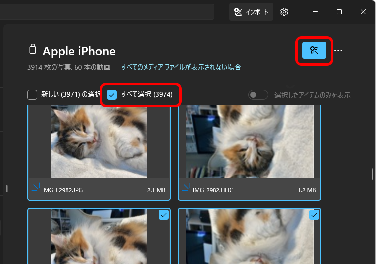 「～読み込んでいます」表示が消えると、準備完了になる。［すべて選択］にチェックを入れ、右上の転送ボタンをクリックする