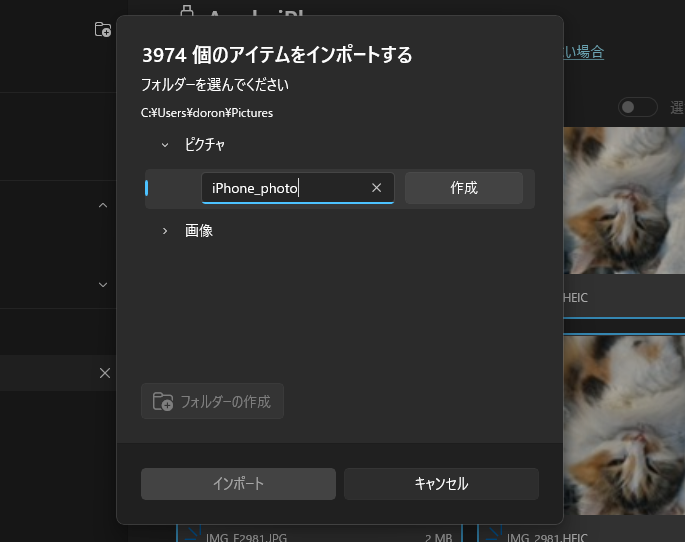 インポート画面が表示される。インポート先に新たなフォルダーを作成することができるので、作っておくといいだろう