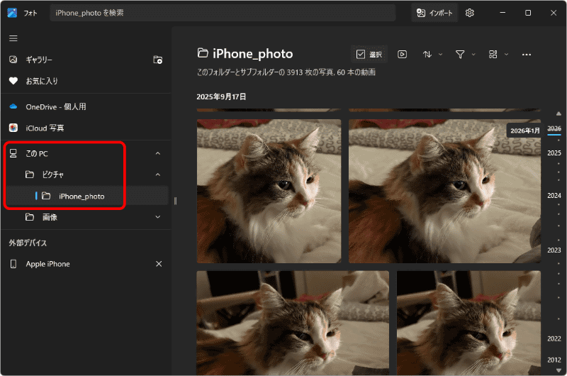 バックアップ先の「ピクチャ」内のフォルダーを表示してみる