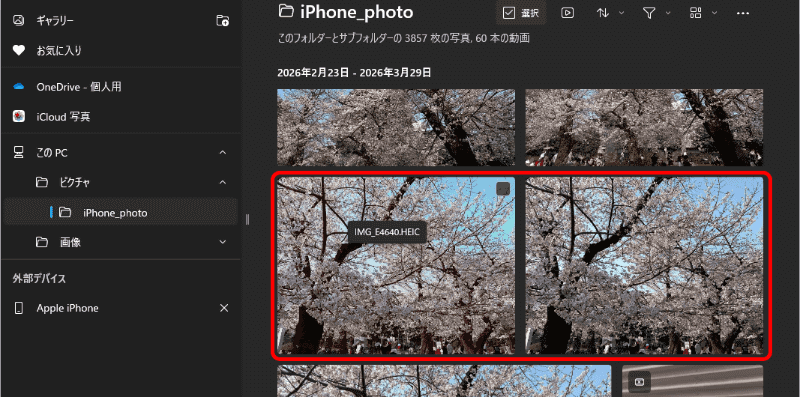 iPhoneで編集作業をしていたカットは、編集前の写真「IMG_XXXX.HEIC」と編集後の写真「IMG_EXXXX.HEIC」の2つのファイルがある