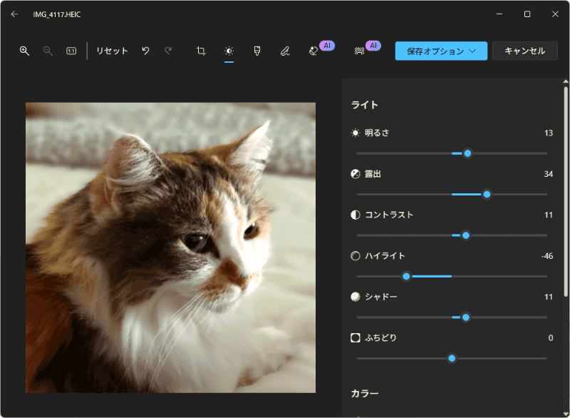 写真の編集もできる。明暗やフィルター、AIを使った背景ぼかしや対象物削除も可能だ
