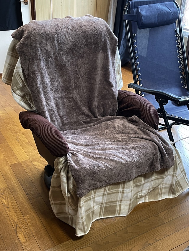 ソファーに電気敷毛布を掛け、その上にバスタオルを被せている。右側は夏用のメッシュチェア