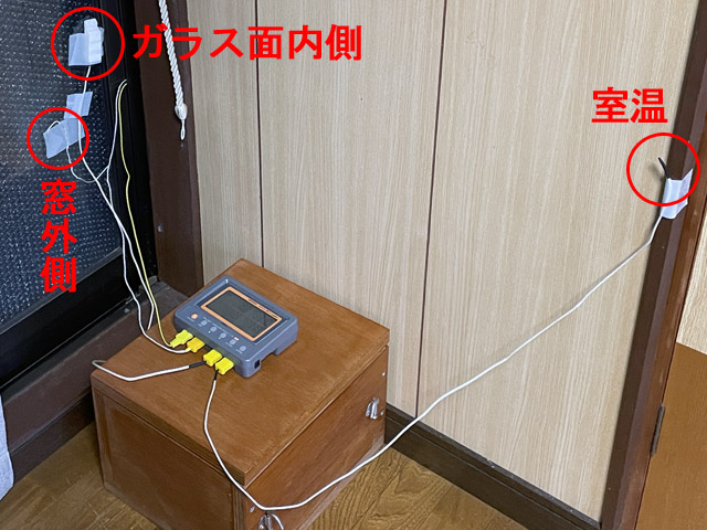 ガラス面内側のセンサーは断熱材を被せている。写真では分かりづらいが、窓外側のセンサーは窓ガラスの外側（プチプチとの間）に設置