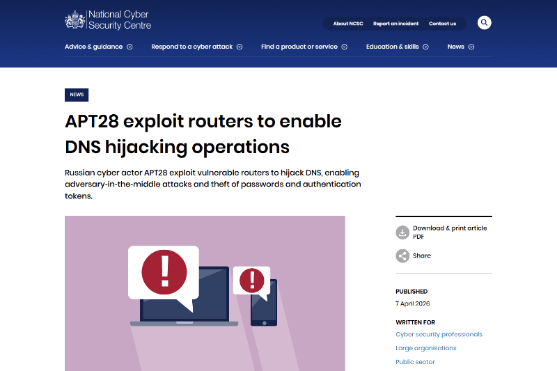 「<a href="https://www.ncsc.gov.uk/news/apt28-exploit-routers-to-enable-dns-hijacking-operations" class="strong bn" target="_blank">APT28 exploit routers to enable DNS hijacking operations（NCSC）</a>」より