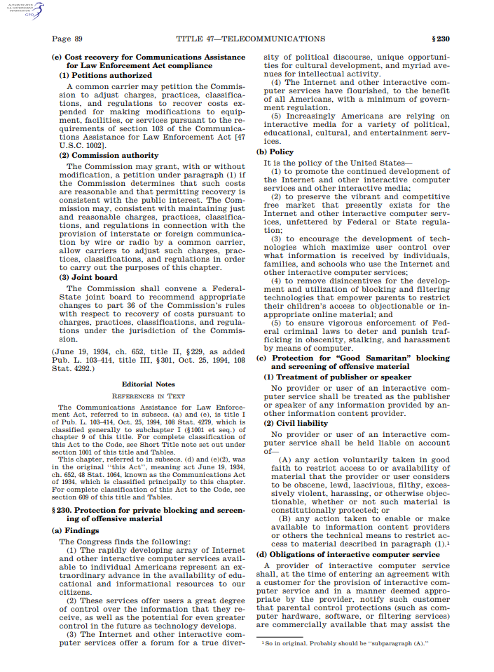 米<a href="https://www.govinfo.gov/" class="strong bn" target="_blank">GovInfo</a>で参照できる<a href="https://www.govinfo.gov/content/pkg/USCODE-2022-title47/pdf/USCODE-2022-title47-chap5-subchapII-partI-sec230.pdf" class="strong bn" target="_blank">通信品位法第230条（合衆国法典第47編230条）</a>より