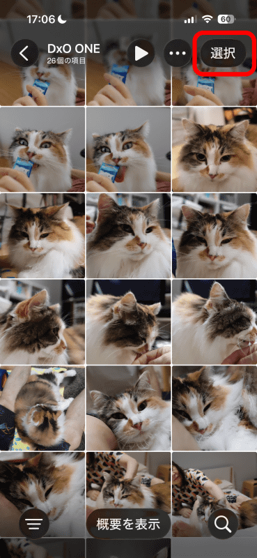 iPhoneの標準「写真」アプリで［選択］をタップ