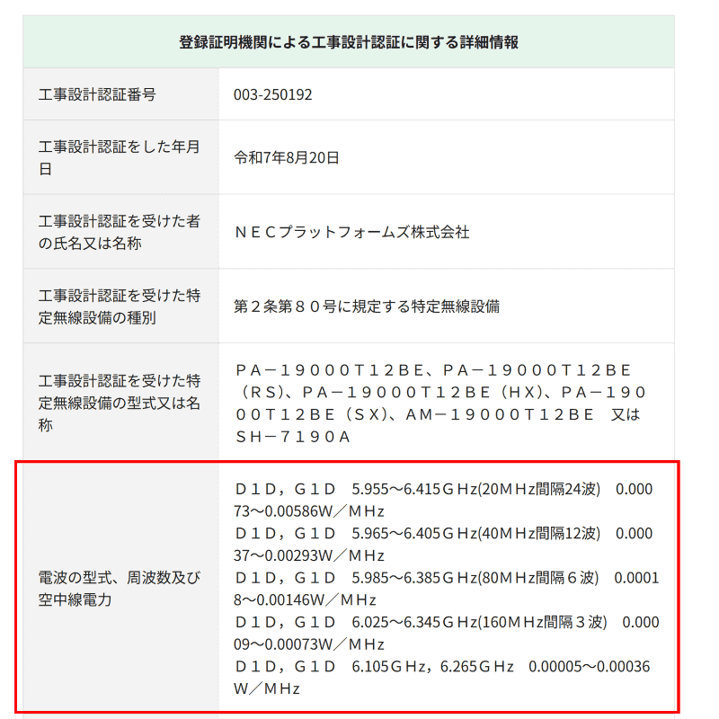 Aterm 19000T12BEの技適の検索結果