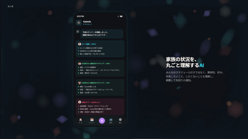Kaleidaが家族の状況を整理し、関係性、好みなども考慮した調整を提案