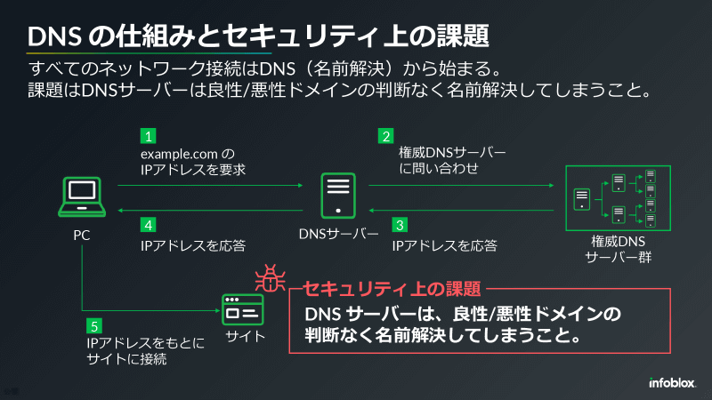 DNSは良性ドメインか悪性ドメインかを区別せず名前解決を行うが、フィッシングサイトなど悪性ドメインを名前解決の段階で判定できれば、アクセスを防ぎ被害を抑止することが可能になる