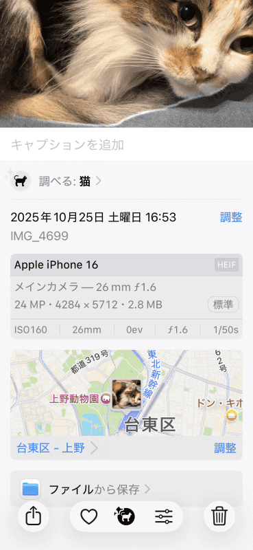 情報を表示すると、撮影情報はそのまま残っている