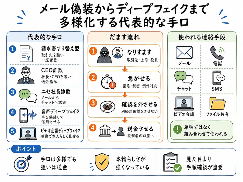 企業の資金を不正送金させる詐欺のさまざまな手口（図はChatGPTで生成）