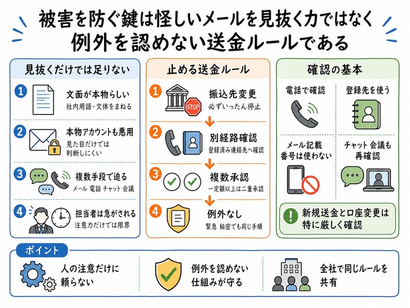 リテラシーの向上とともに、被害に遭わない「業務の仕組み」づくりが重要です（図はChatGPTで生成）