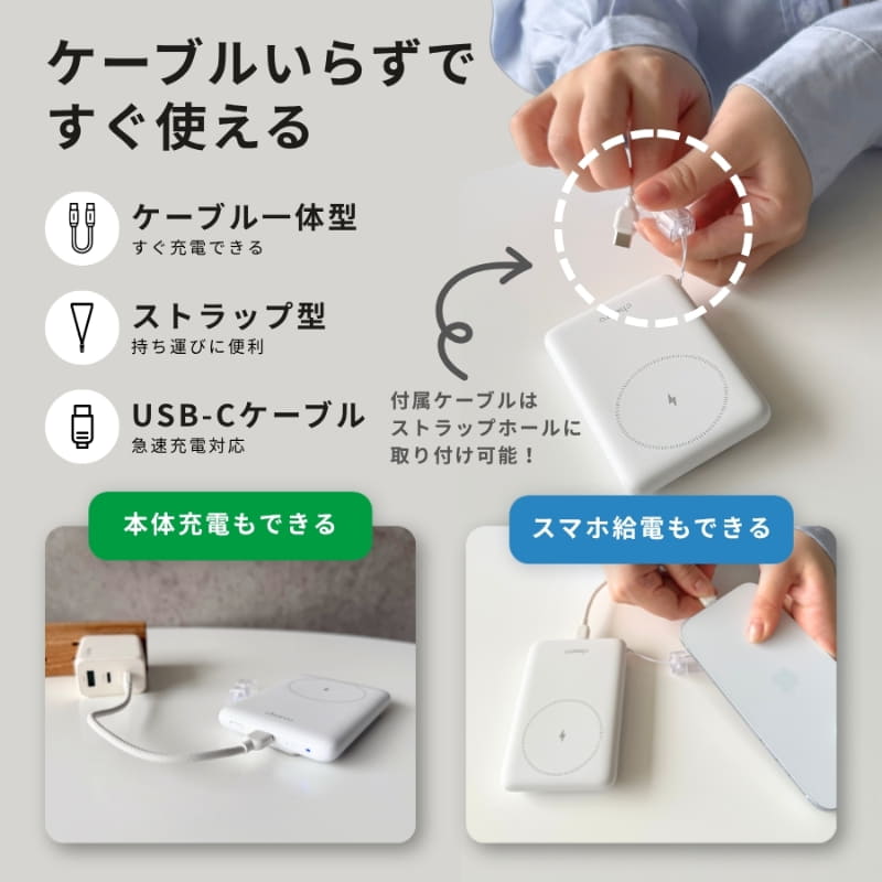 ストラップ型USB Type-Cケーブルが付属