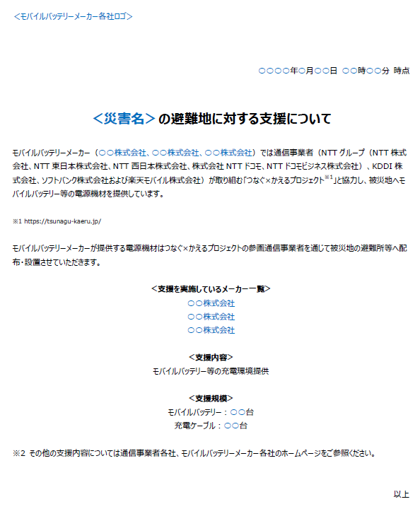 支援内容を掲載する際の共通様式のイメージ