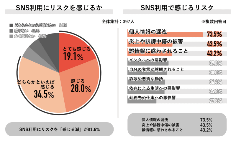 SNS利用にリスクを感じるか／SNS利用で感じるリスク