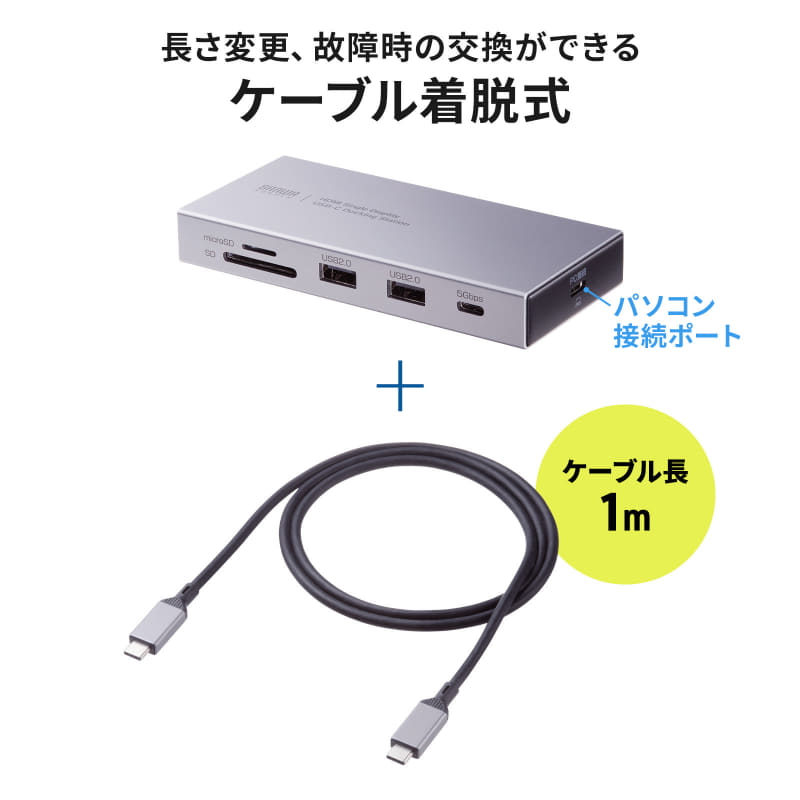 PCに接続するUSB Type-Cケーブルは脱着式