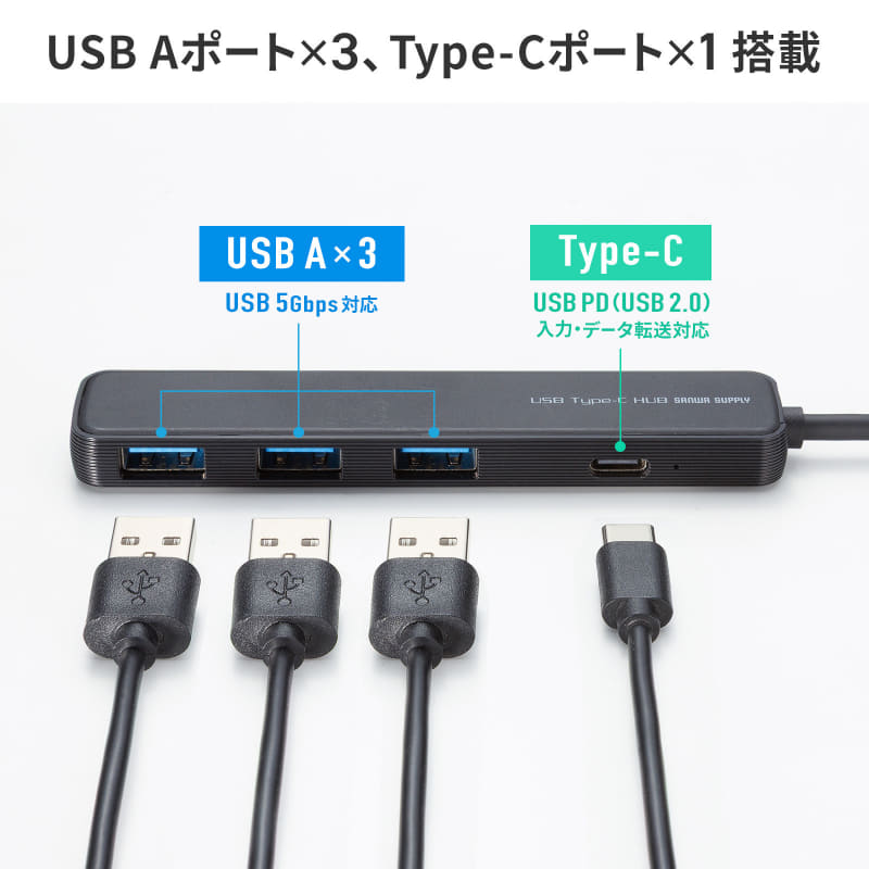 USB-5TCP36BKはUSB Type-Aポート×2・USB-Type-Cポート×2を備える