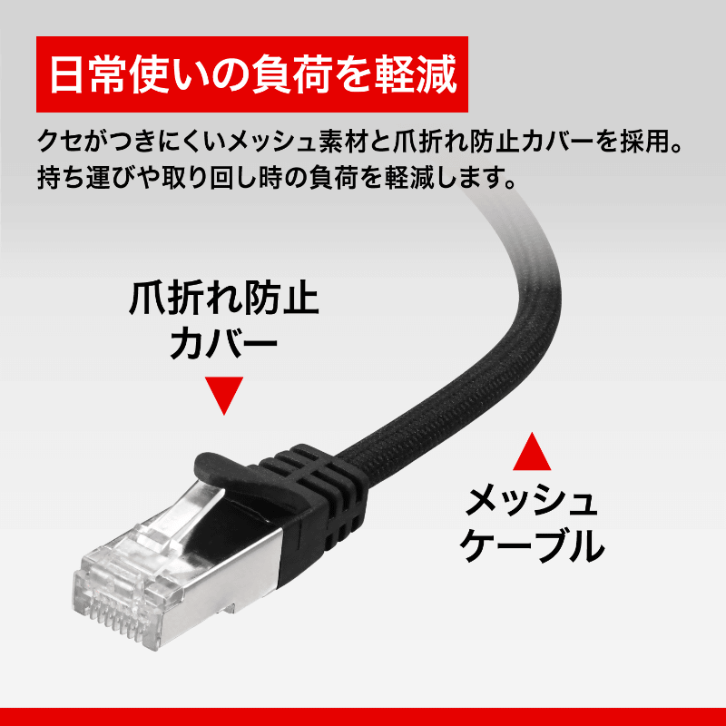 ツメ折れ防止カバーとメッシュケーブルで負荷を軽減