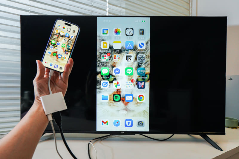 これが「ミラーリング」の例。iPhoneの画面に表示されている内容が、テレビにもほぼそのまま表示されています