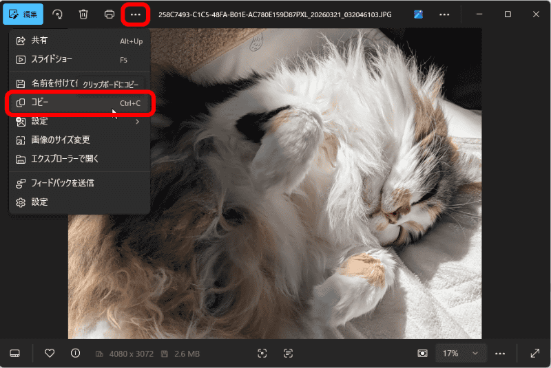 Windowsの「フォト」アプリで写真を表示してみた。［…］メニューから［コピー］を選択