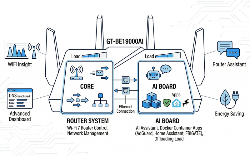 GT-BE19000AIの概要。ルーターとサーバーの2台を1台にまとめた感じ。AI Board部分が、サーバーとしての役割を持つ