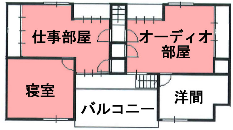 2階の間取り図。Wi-Fiを利用するのは仕事部屋、オーディオ部屋、寝室の3部屋