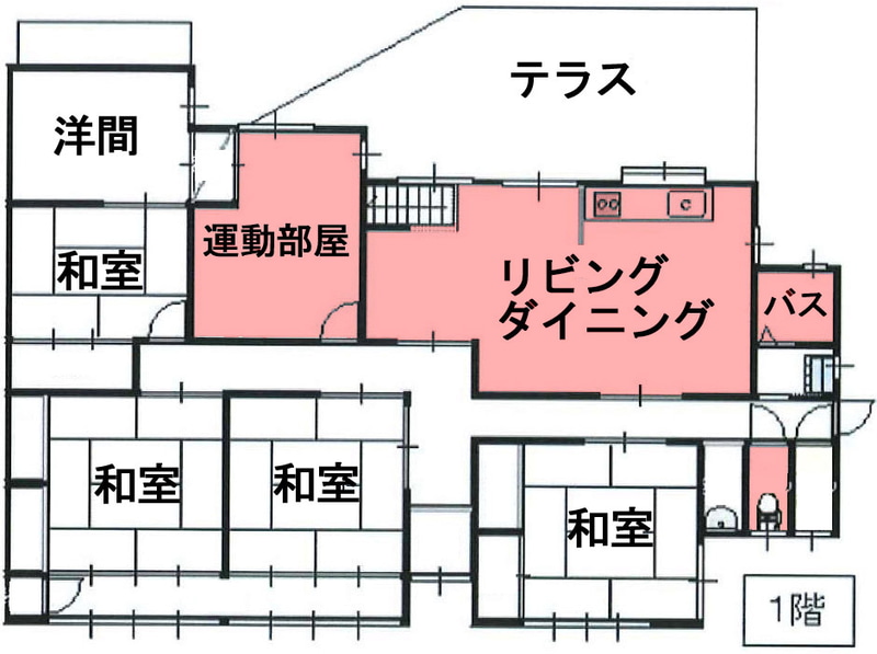 1階の間取り図。Wi-Fiを利用するのはダイニング、運動部屋、トイレ、浴室と屋外の監視カメラ