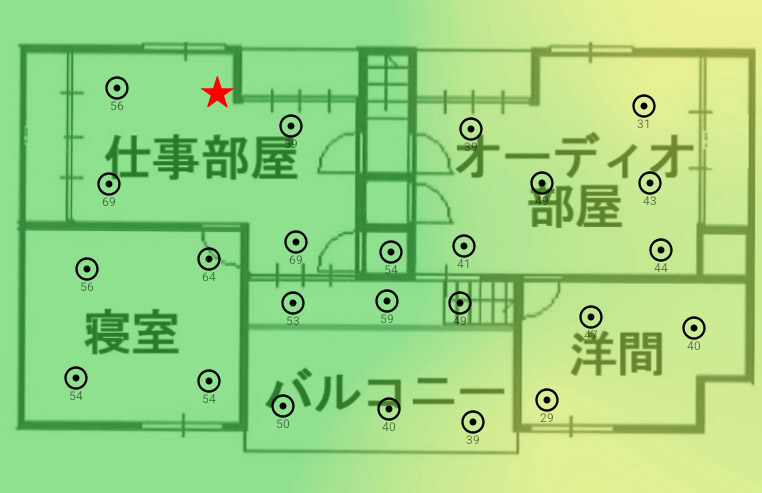 2階、5GHz帯のヒートマップ（★がWi-Fiルーターの設置場所）