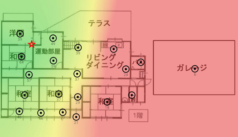 2階のWi-Fiルーター（☆の位置の真上にある）のみ稼働したときの1階のヒートマップ（2.4GHz帯）