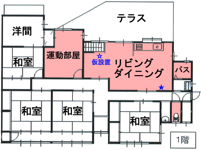引っ越してすぐ、階段下（☆）にWi-Fiルーターを仮設置。現在はダイニングのTVの裏（★）に設置してある