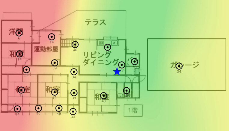 1階に設置したWi-Fiルーター（★）による5GHz帯のヒートマップ