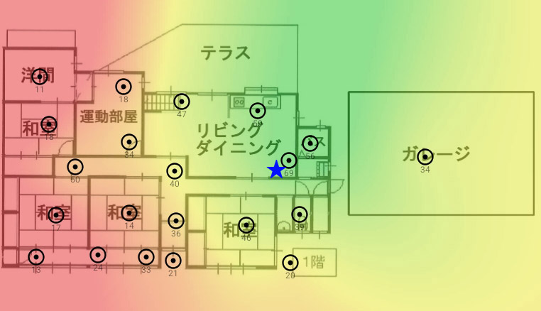 1階に設置したWi-Fiルーター（★）による2.4GHz帯のヒートマップ