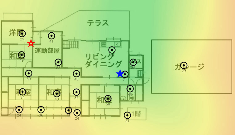 西側は2階のWi-Fiルーター（赤☆）、東側は1階のWi-Fiルーター（青★）に接続して計測したヒートマップ