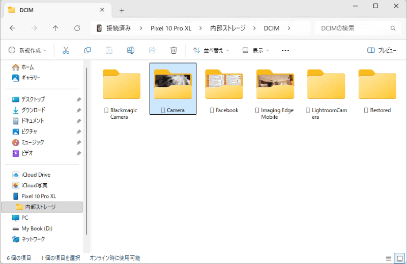 「Camera」をダブルクリックして開く。この「DCIM」には、他のアプリで撮影した写真や動画が保存されている