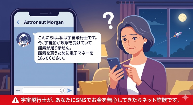 宇宙飛行士が、あなたにSNSでお金を無心してきたらネット詐欺です（生成AIで作成したイメージイラストです）