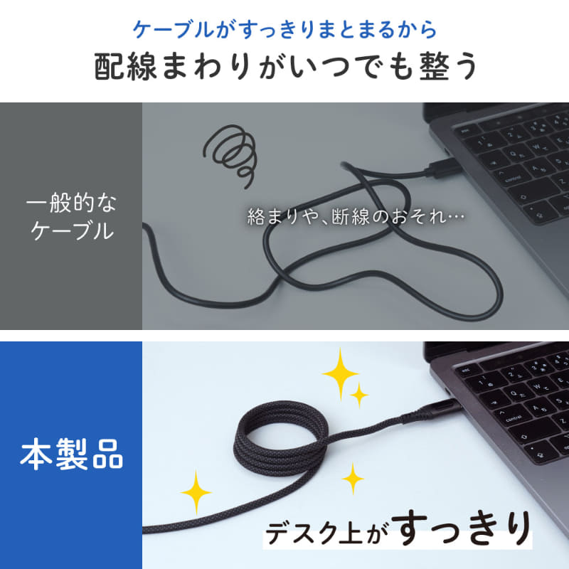 必要な長さだけ解いて使用できるため、配線がすっきりまとまる