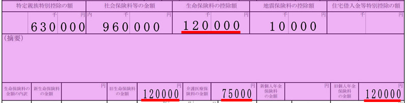 下段が支払った生命保険料。上段は左から特定親族特別控除、社会保険料控除、生命保険料控除、地震保険料控除