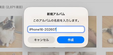 わかりやすいアルバム名を付けておく。次回からバックアップ時にこのアルバムを選択すればよい