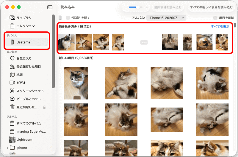 一度読み込んだ後は、iPhoneアイコンを選択すると、読み込み済みの写真が上部に表示される。［すべての新しい項目を読み込む］を選択するだけで、新規追加された分の読み込みが可能だ