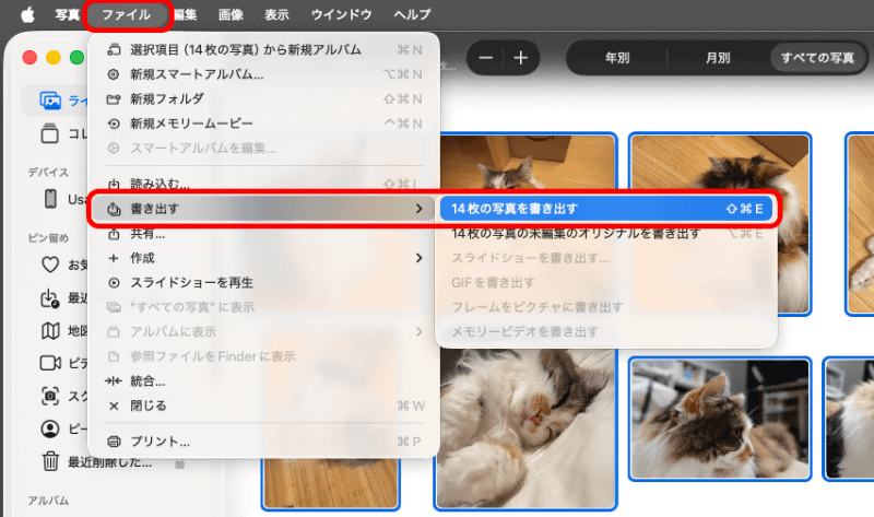 もしくは写真を選択し、［ファイル］メニューから［書き出す］ー［○枚の写真を書き出す］を選択する