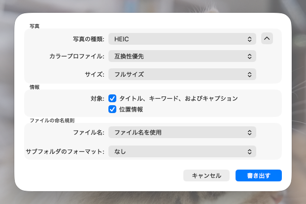 写真の形式は［写真の種類］で変換や［サイズ］で大きさを小さくすることも可能。［書き出す］で保存場所を選んで書き出す